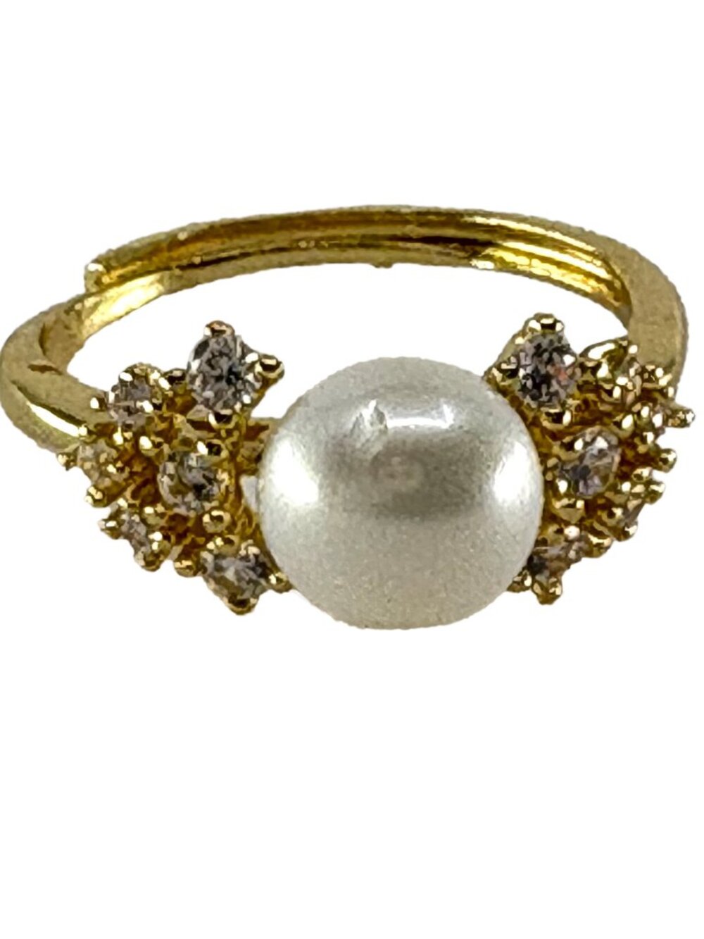 18K Gold Plated Freshwater Pearl Zircon Ring Adjustable Open Band Jewelry 2.27g